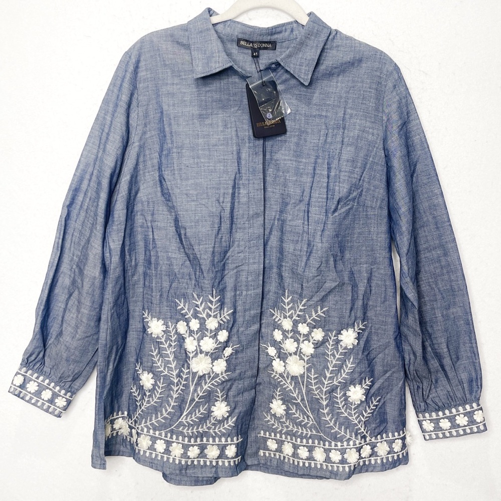 Bella Donna Blue Chambray Embroidered Long Sleeve Shirt Floral Button Front Boho